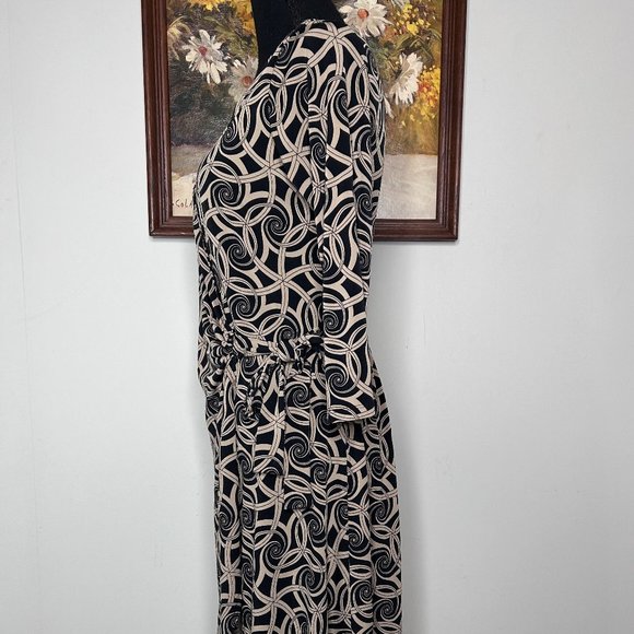 London Times Wrap Around Dress Women's 8 Black Brown Abstract Spiral Party - Picture 3 of 16